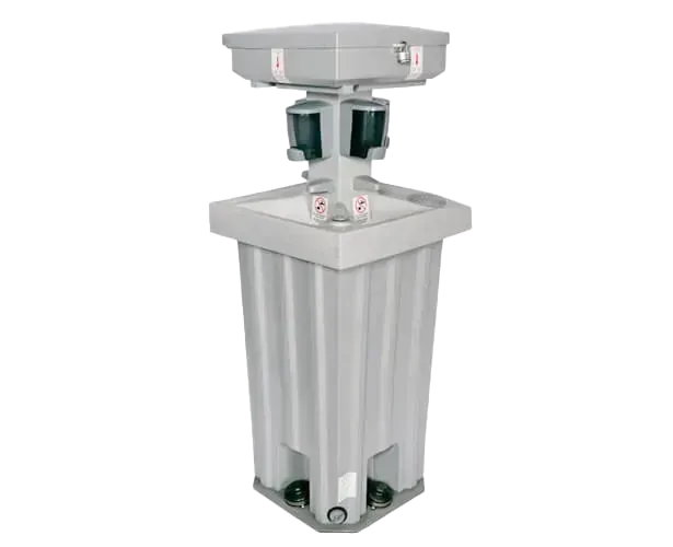 Portable handwashing station with rectangular base, two soap dispensers on top, and foot pump mechanism for water dispensing.