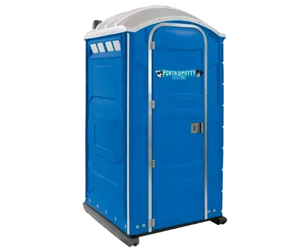 The standard, blue portable toilet with a white roof and the label "dumpster dogs" on the door.